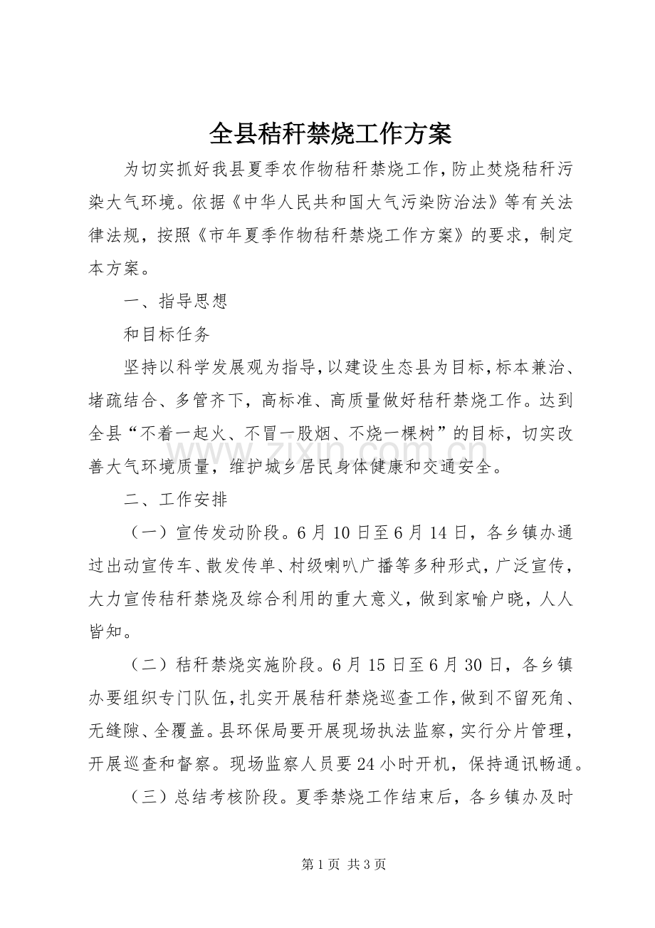 全县秸秆禁烧工作实施方案.docx_第1页