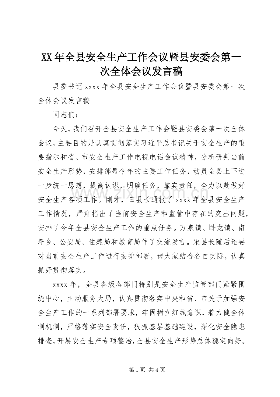 XX年全县安全生产工作会议暨县安委会第一次全体会议发言.docx_第1页