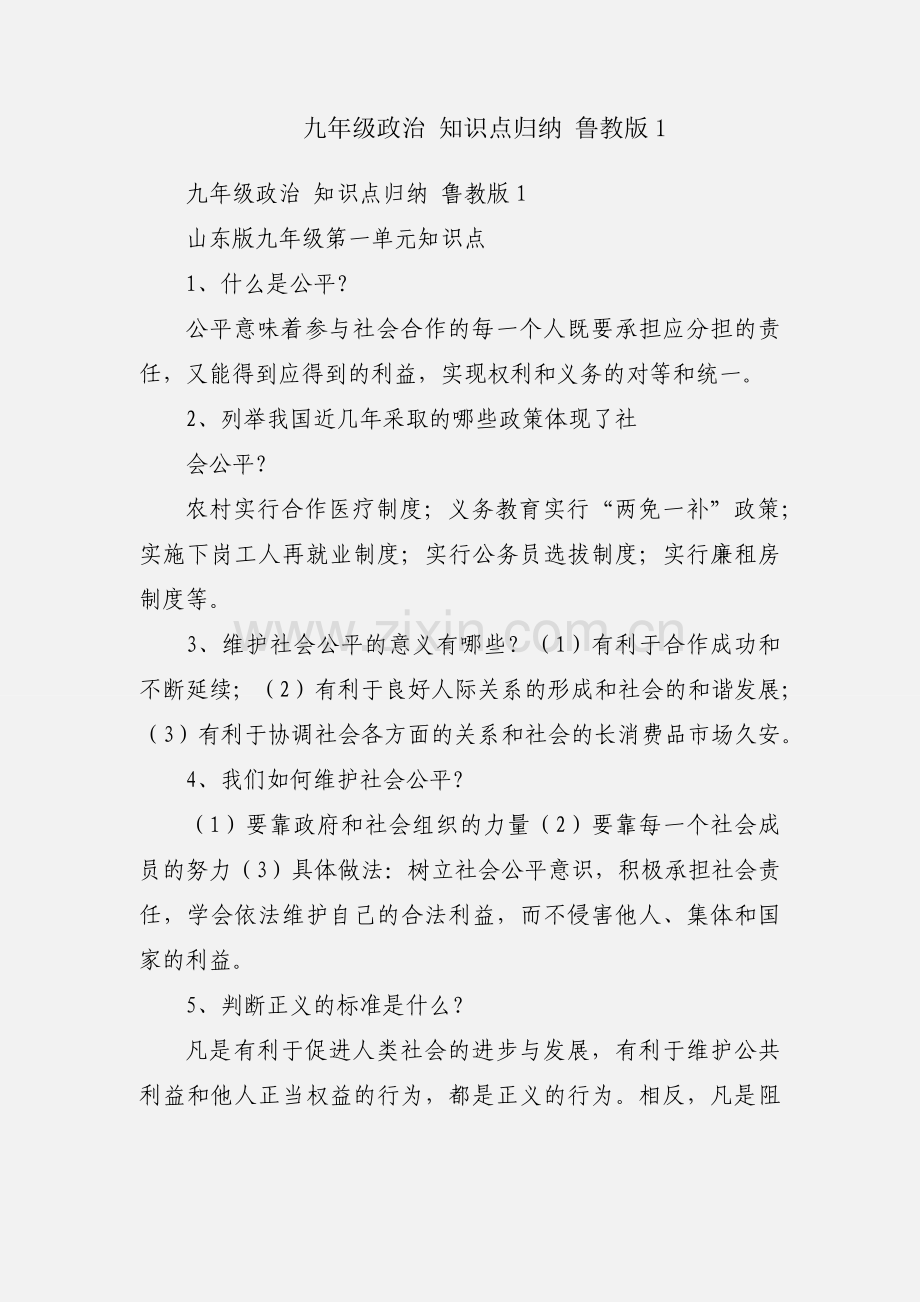 九年级政治 知识点归纳 鲁教版1.docx_第1页