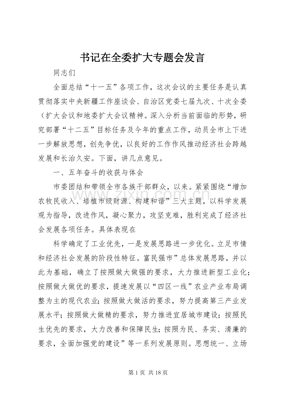 书记在全委扩大专题会发言.docx_第1页