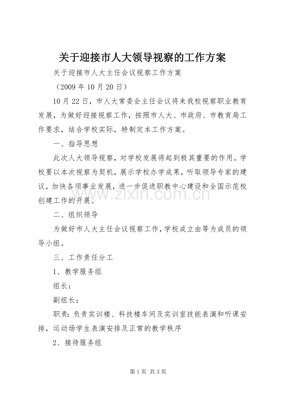 关于迎接市人大领导视察的工作实施方案.docx_第1页