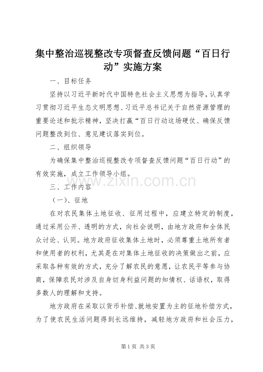 集中整治巡视整改专项督查反馈问题“百日行动”方案.docx_第1页