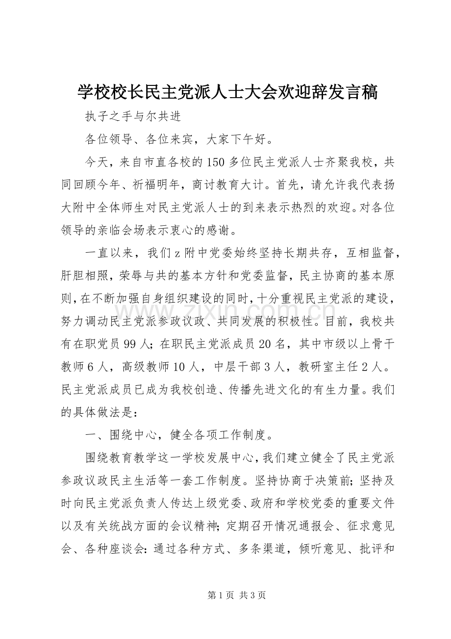 学校校长民主党派人士大会欢迎辞发言.docx_第1页