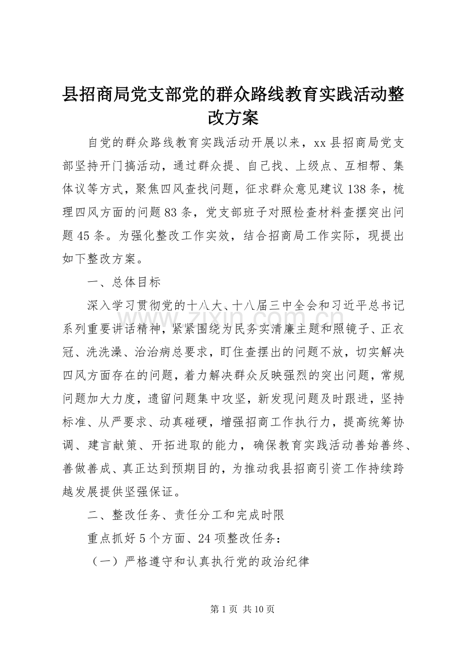 县招商局党支部党的群众路线教育实践活动整改实施方案.docx_第1页