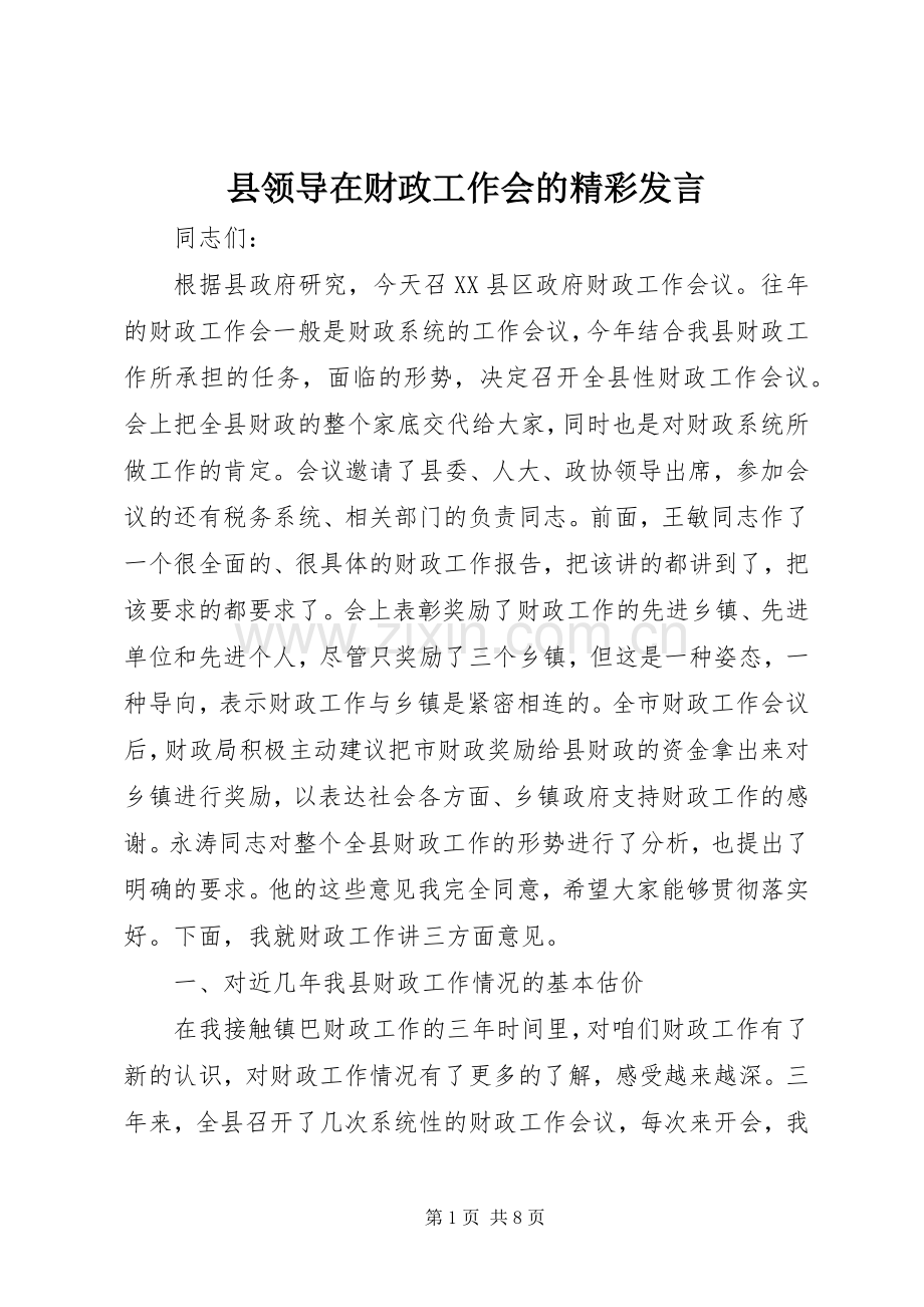 县领导在财政工作会的精彩发言稿.docx_第1页