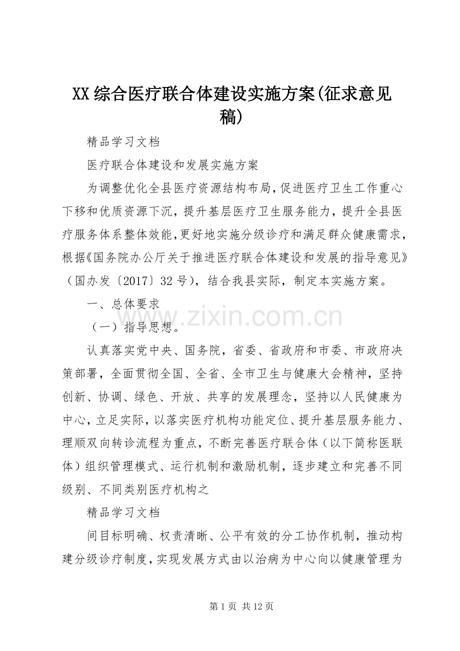 XX综合医疗联合体建设方案(征求意见稿) .docx_第1页