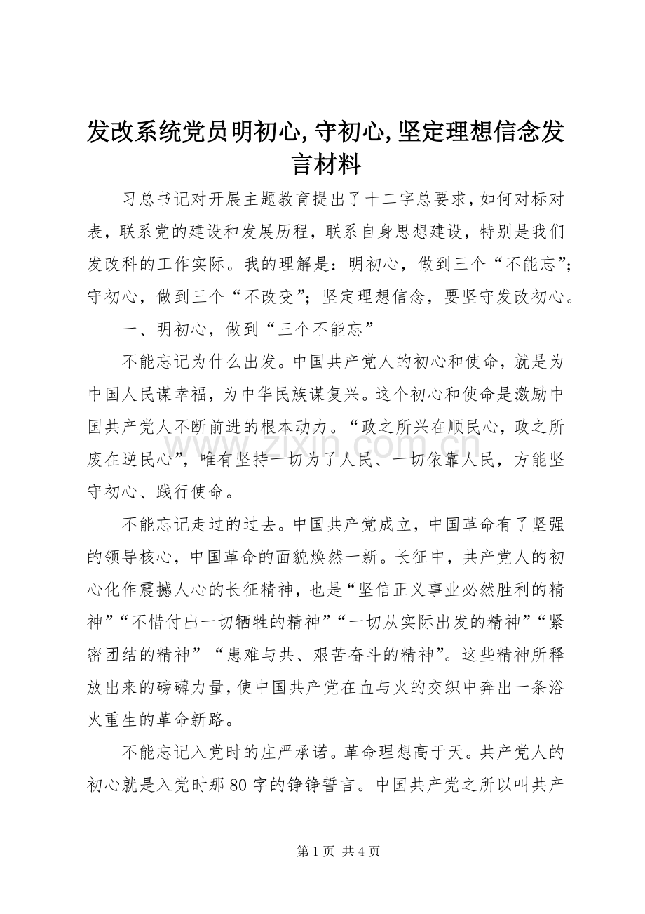 发改系统党员明初心,守初心,坚定理想信念发言材料.docx_第1页