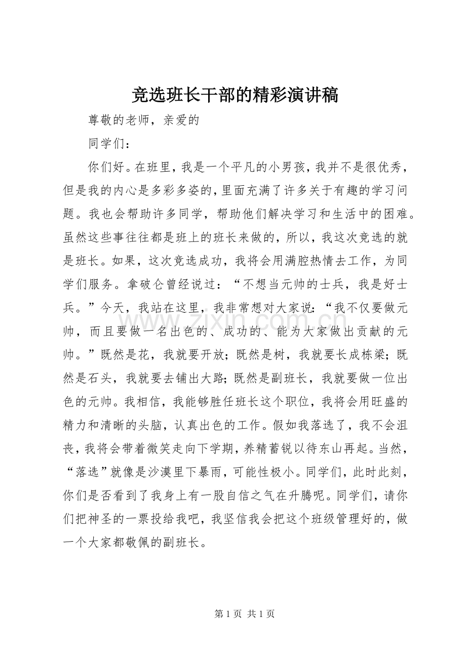 竞选班长干部的精彩演讲稿.docx_第1页