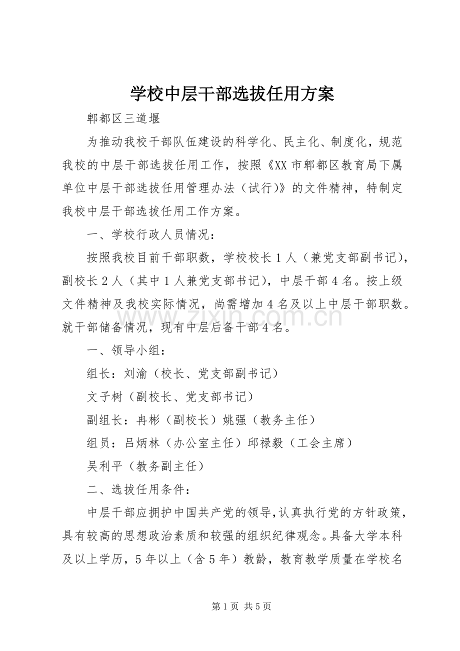 学校中层干部选拔任用实施方案.docx_第1页