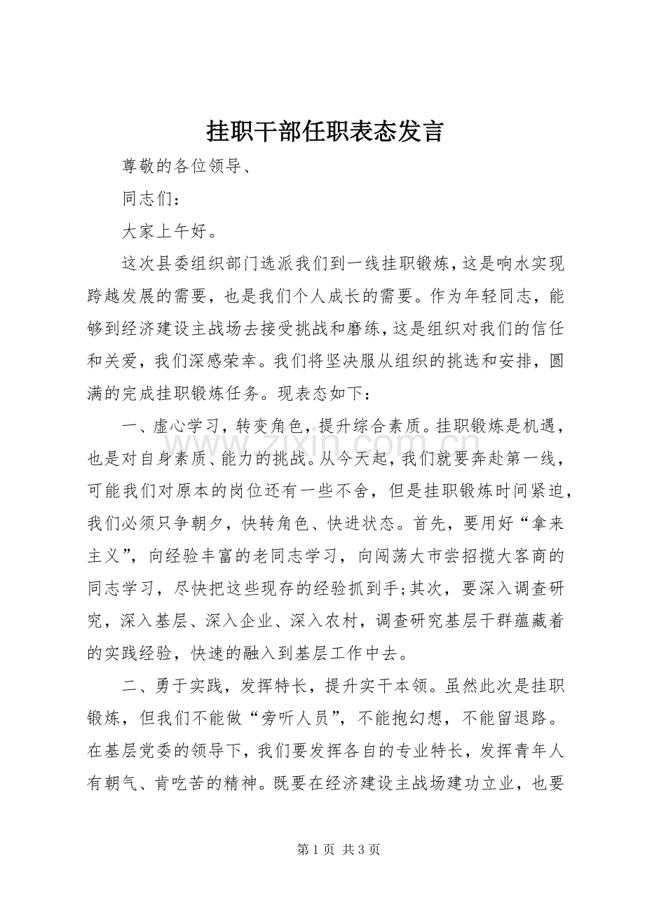 挂职干部任职表态发言稿.docx_第1页