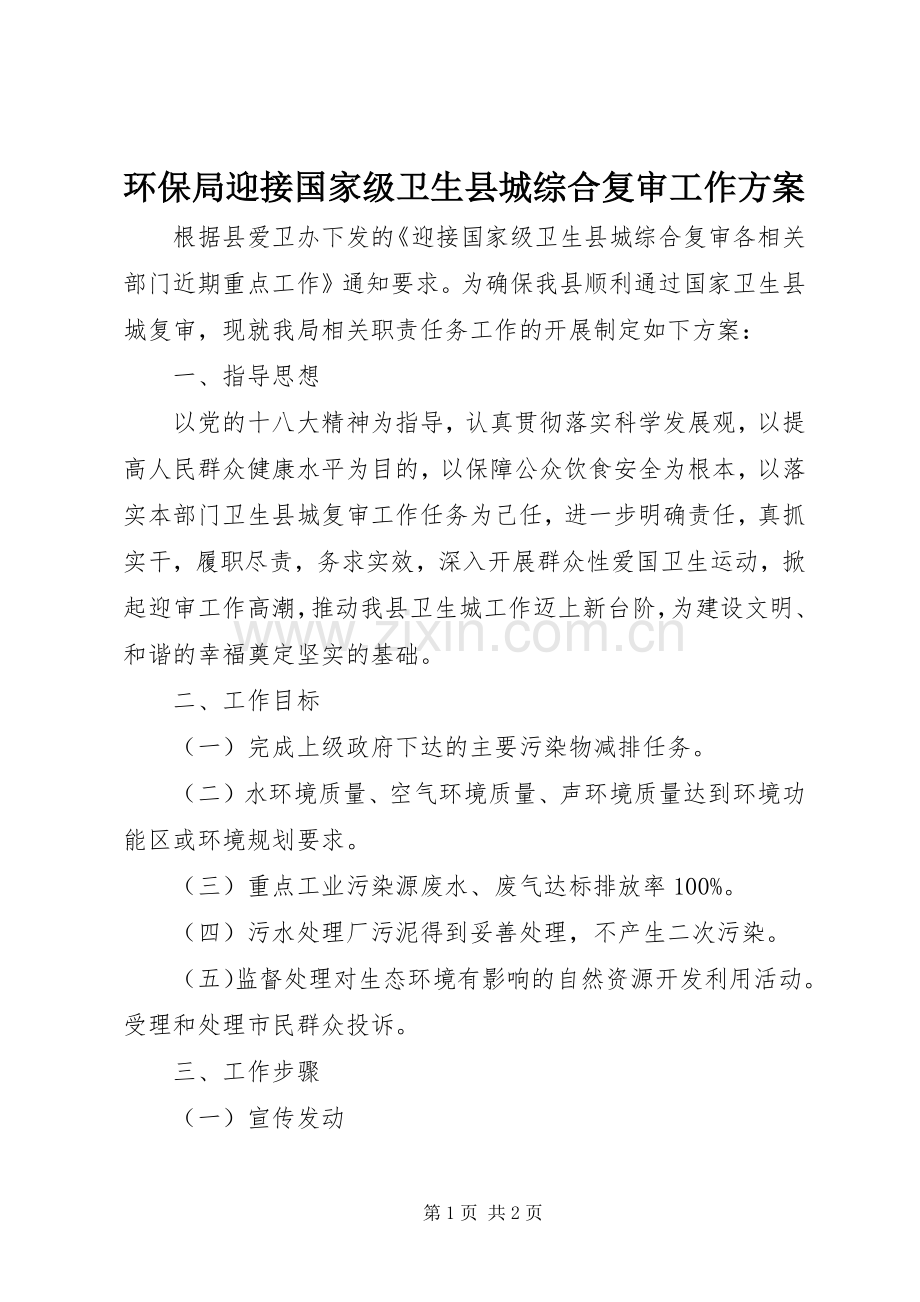 环保局迎接国家级卫生县城综合复审工作实施方案.docx_第1页