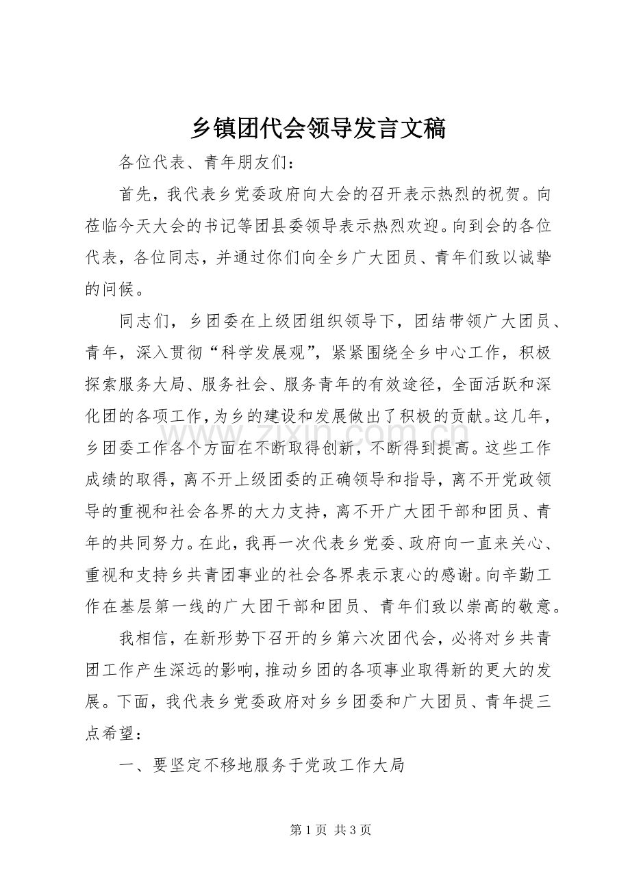 乡镇团代会领导发言稿文稿.docx_第1页