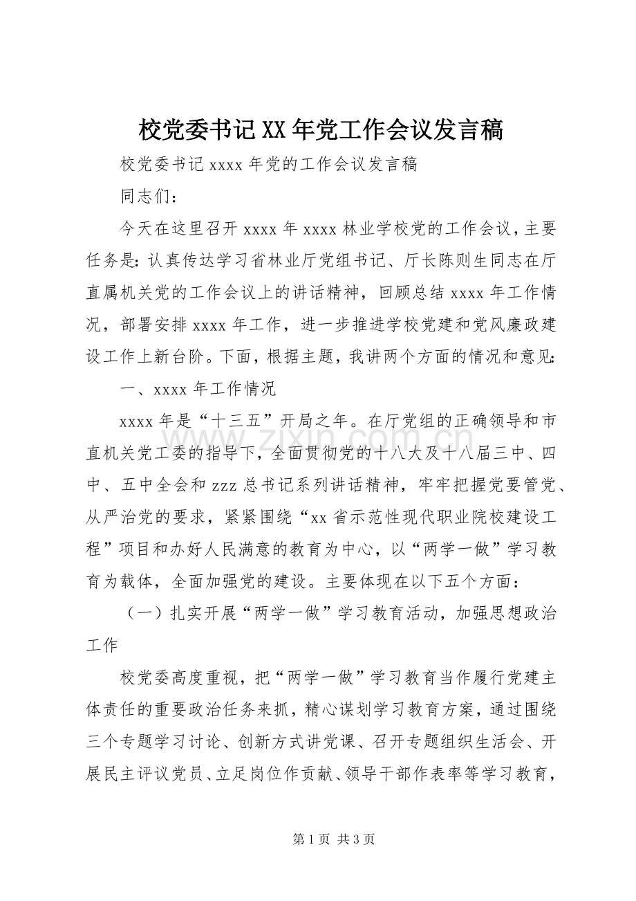 校党委书记XX年党工作会议发言稿.docx_第1页