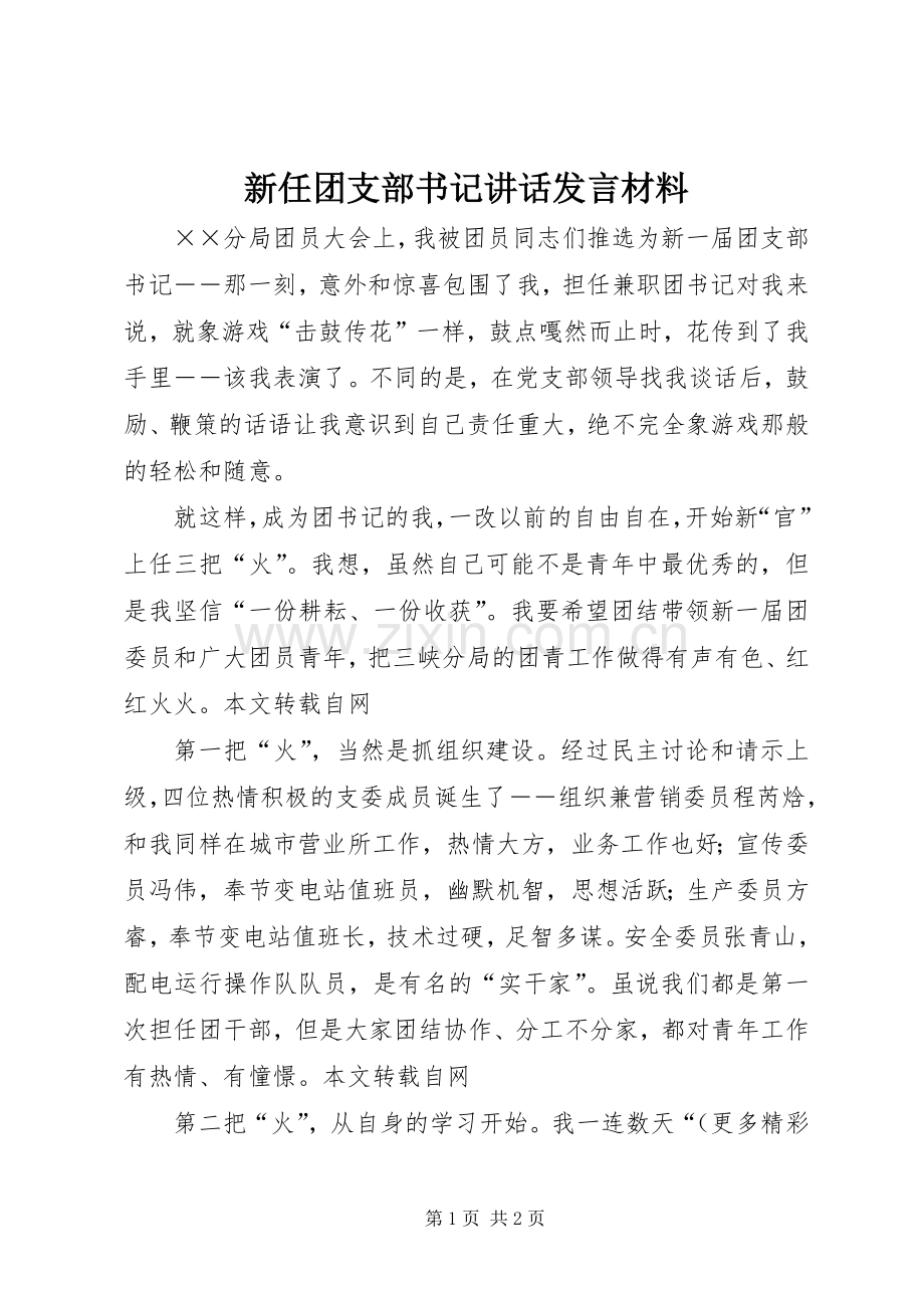 新任团支部书记讲话发言材料提纲范文.docx_第1页