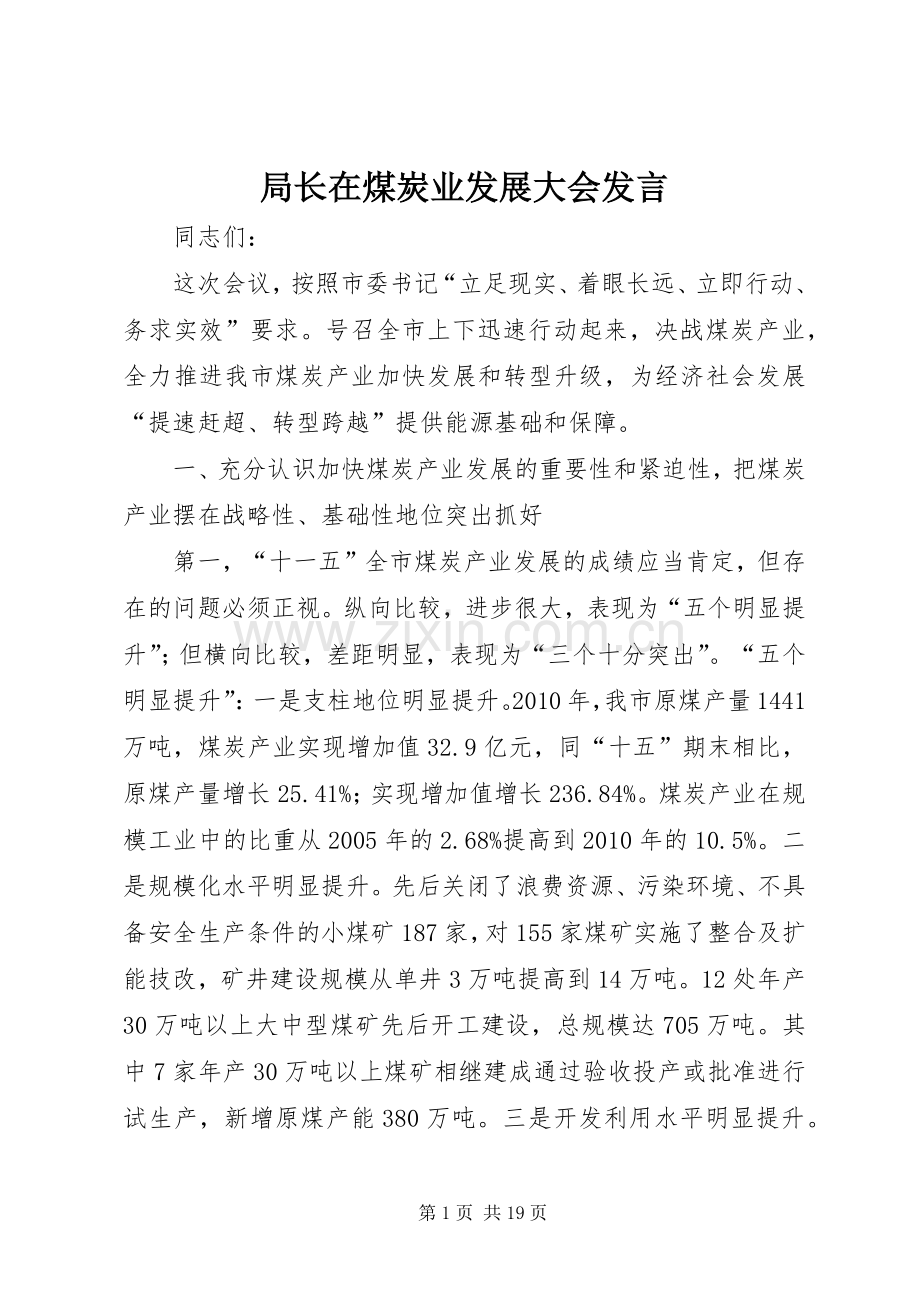 局长在煤炭业发展大会发言.docx_第1页