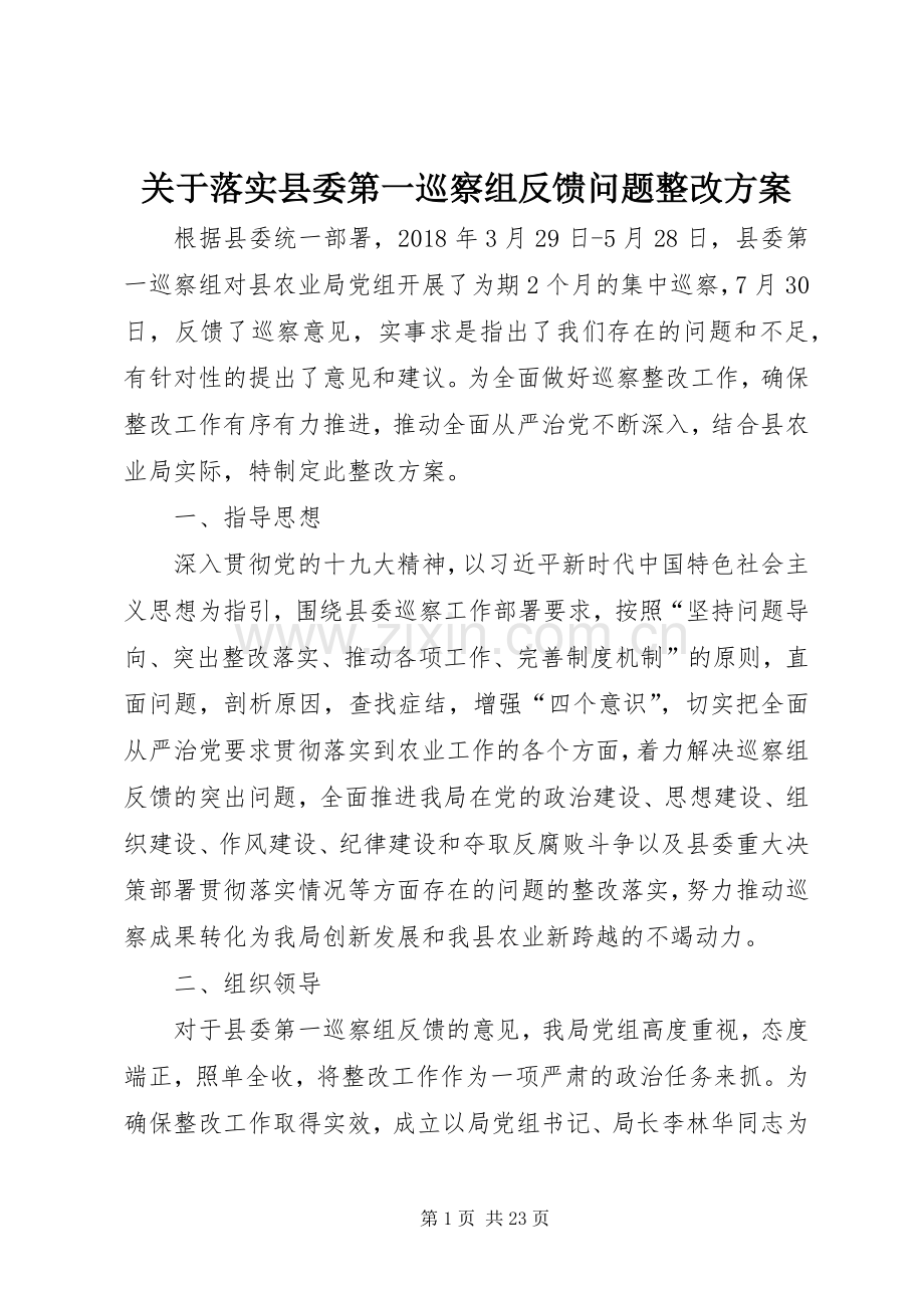 关于落实县委第一巡察组反馈问题整改实施方案.docx_第1页