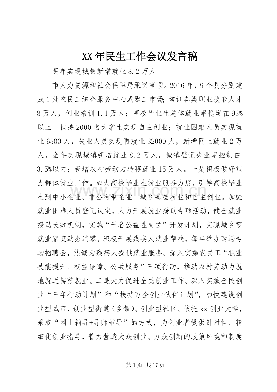 XX年民生工作会议发言.docx_第1页