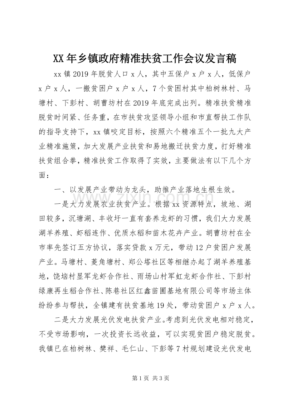 XX年乡镇政府精准扶贫工作会议发言.docx_第1页