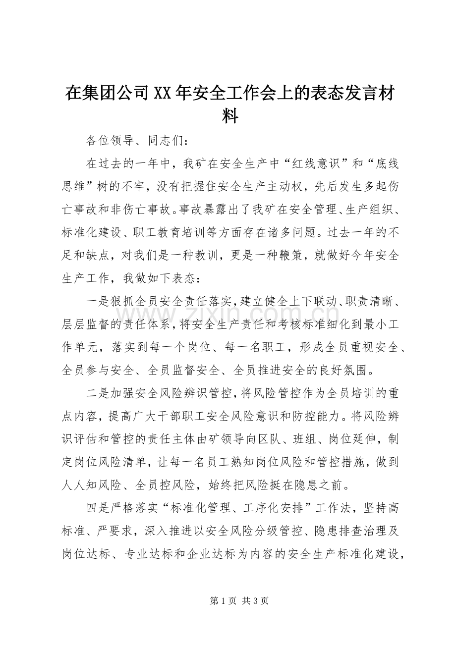 在集团公司XX年安全工作会上的表态发言材料提纲.docx_第1页