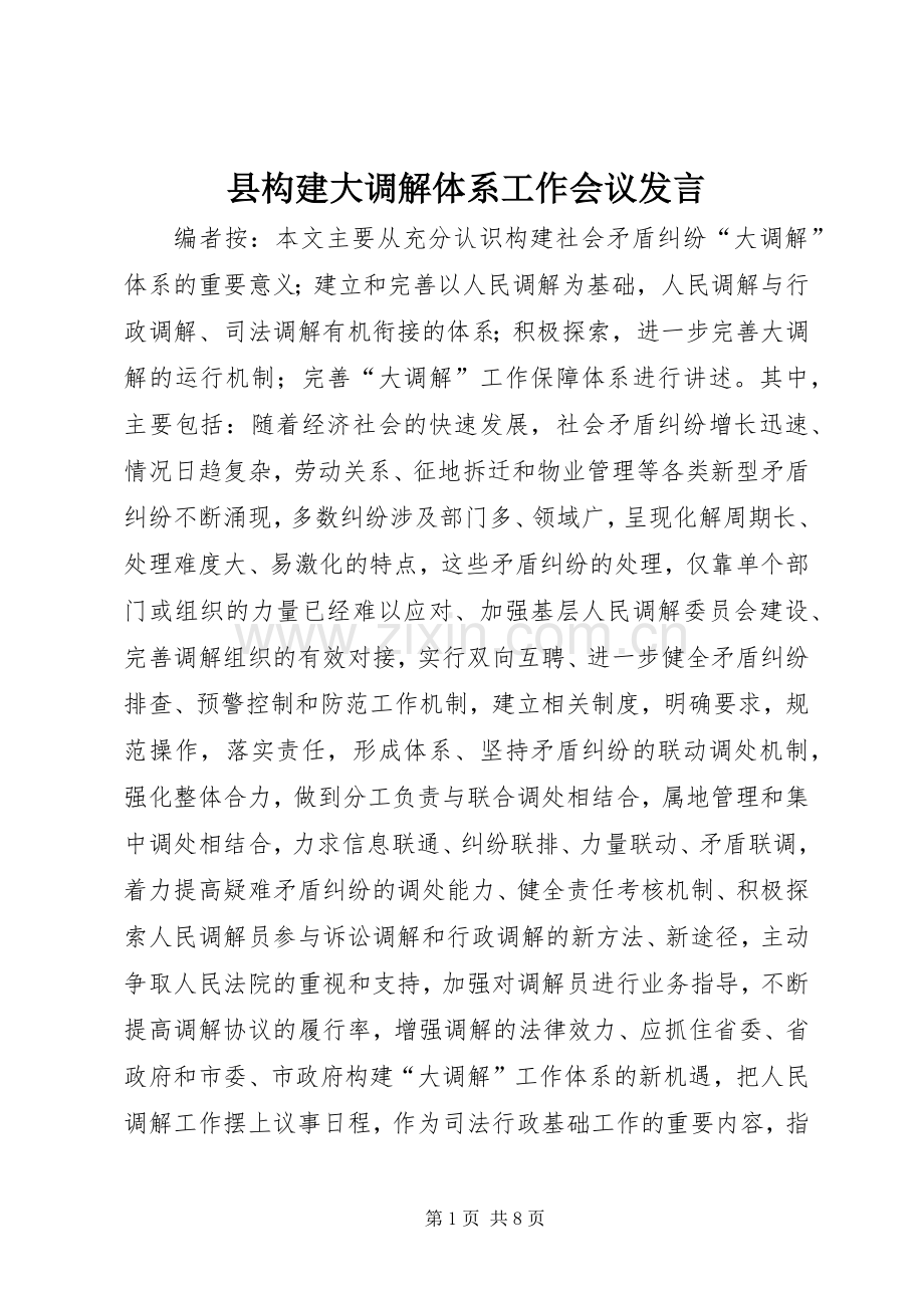 县构建大调解体系工作会议发言.docx_第1页