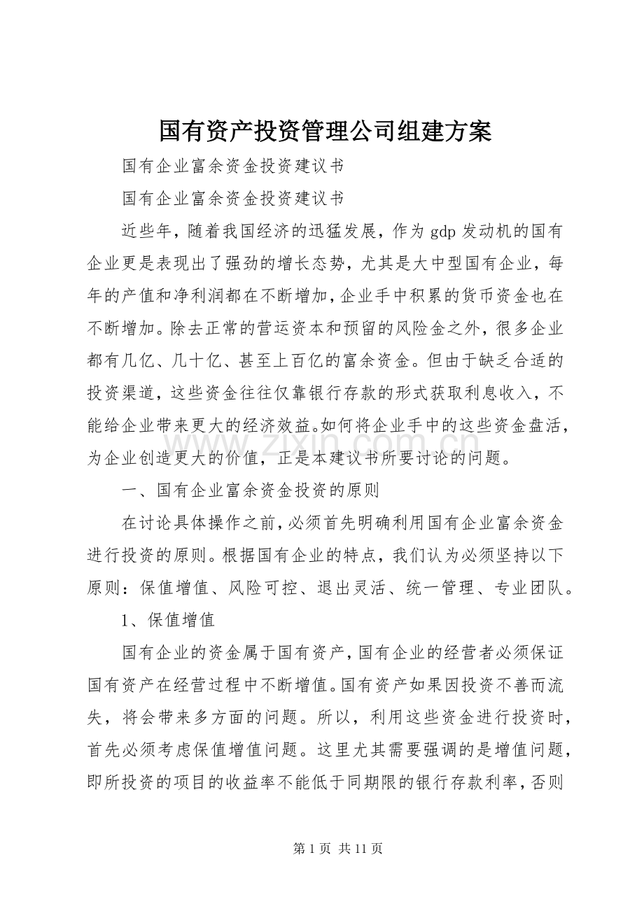 国有资产投资管理公司组建实施方案.docx_第1页