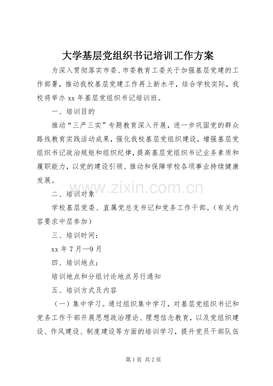 大学基层党组织书记培训工作实施方案.docx_第1页