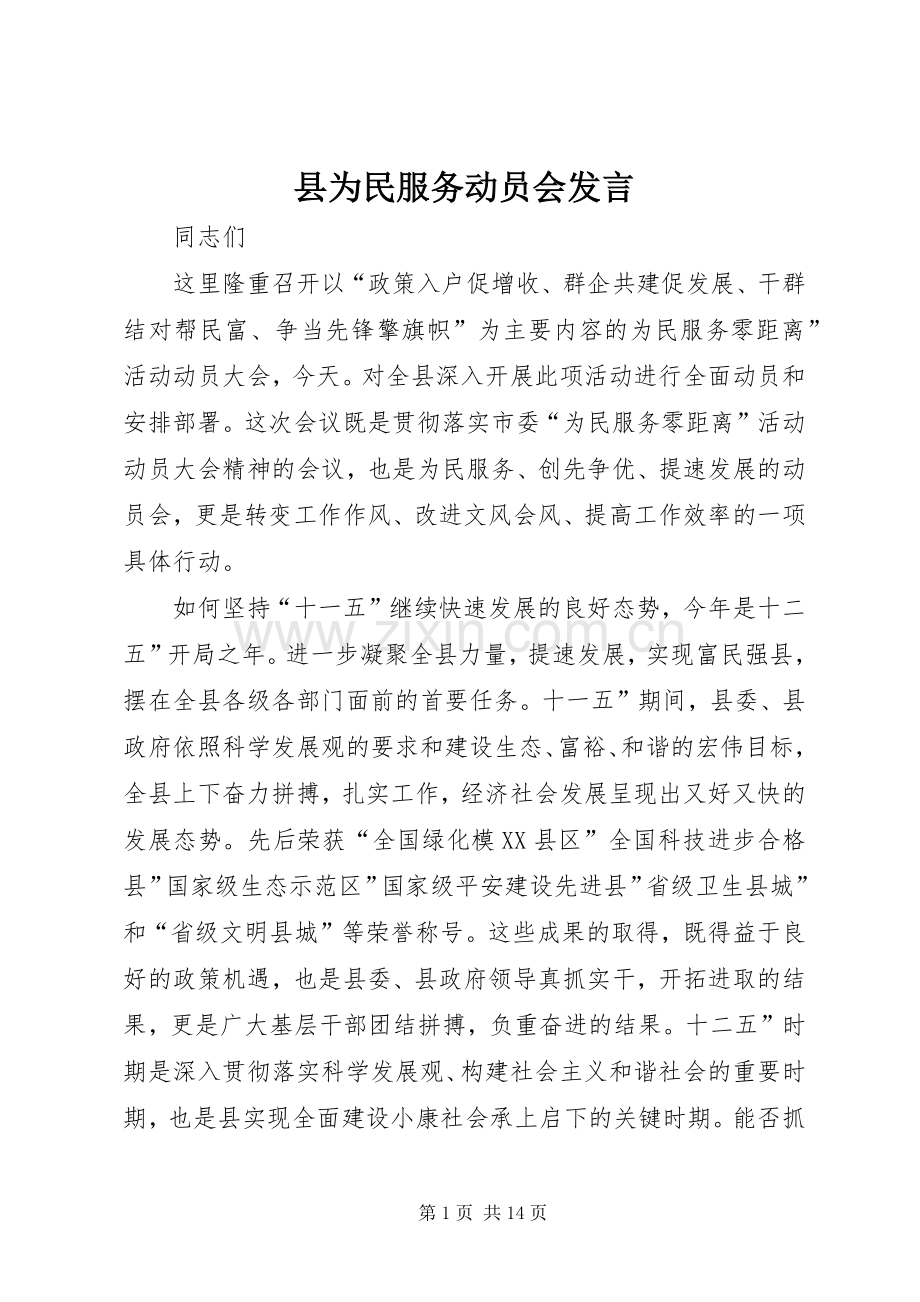 县为民服务动员会发言稿.docx_第1页