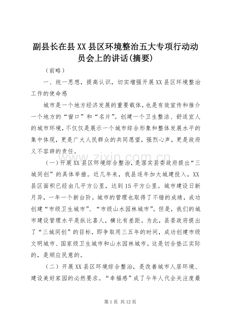 副县长在县XX县区环境整治五大专项行动动员会上的讲话(摘要).docx_第1页