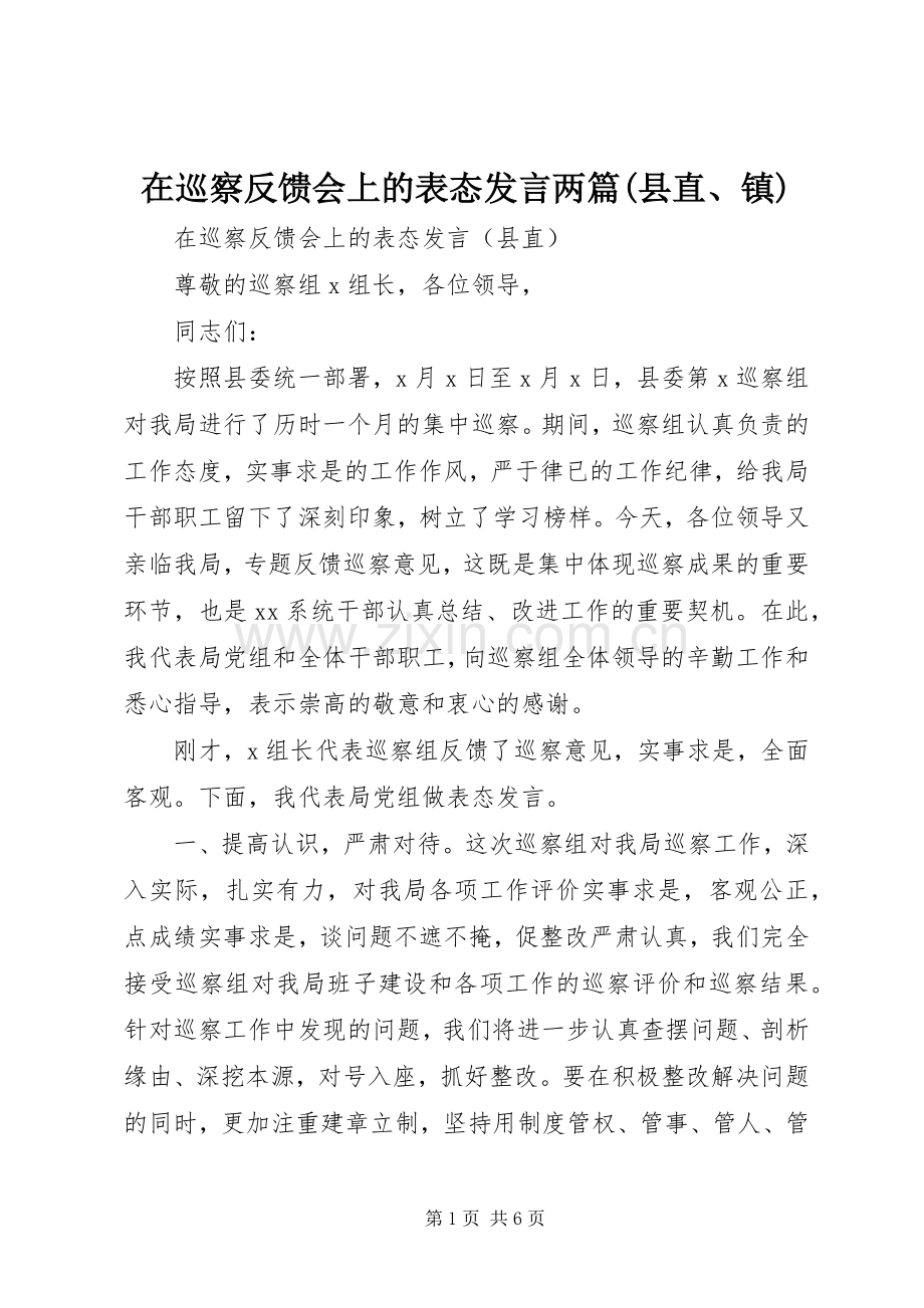 在巡察反馈会上的表态发言稿两篇(县直、镇).docx_第1页