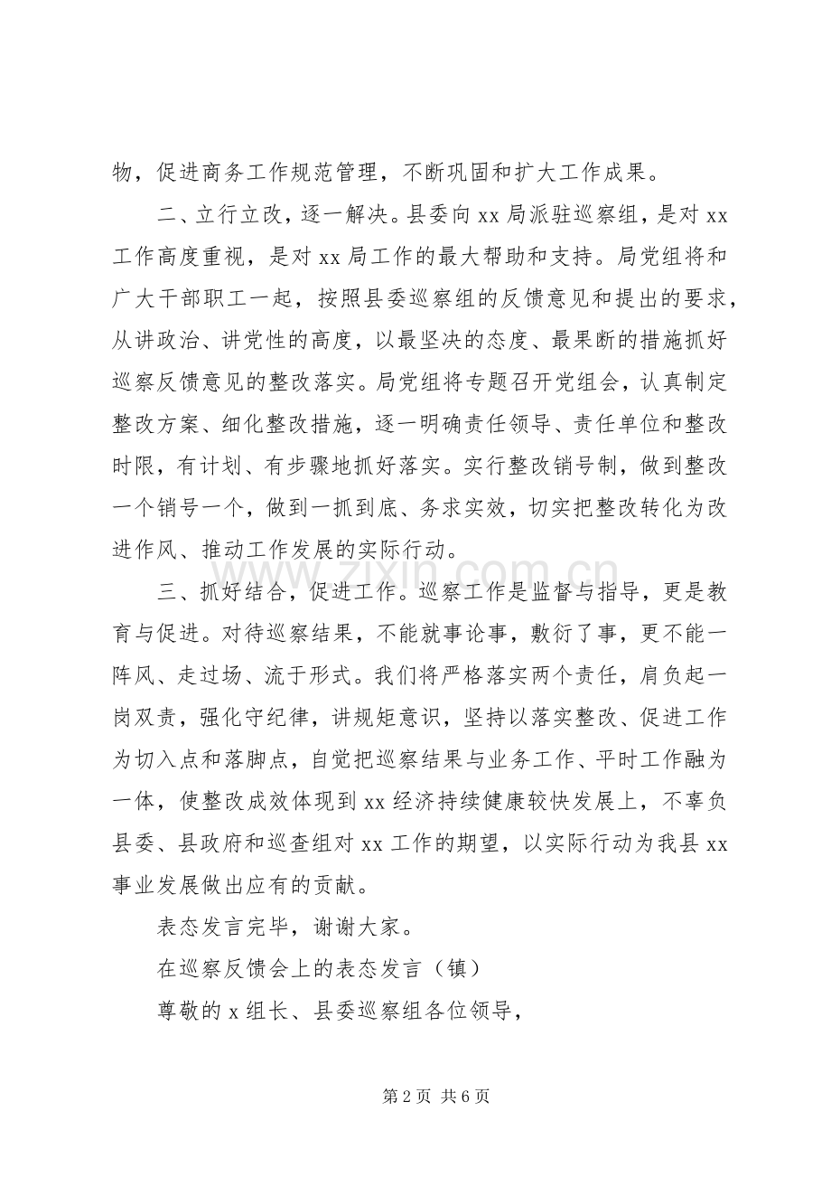 在巡察反馈会上的表态发言稿两篇(县直、镇).docx_第2页