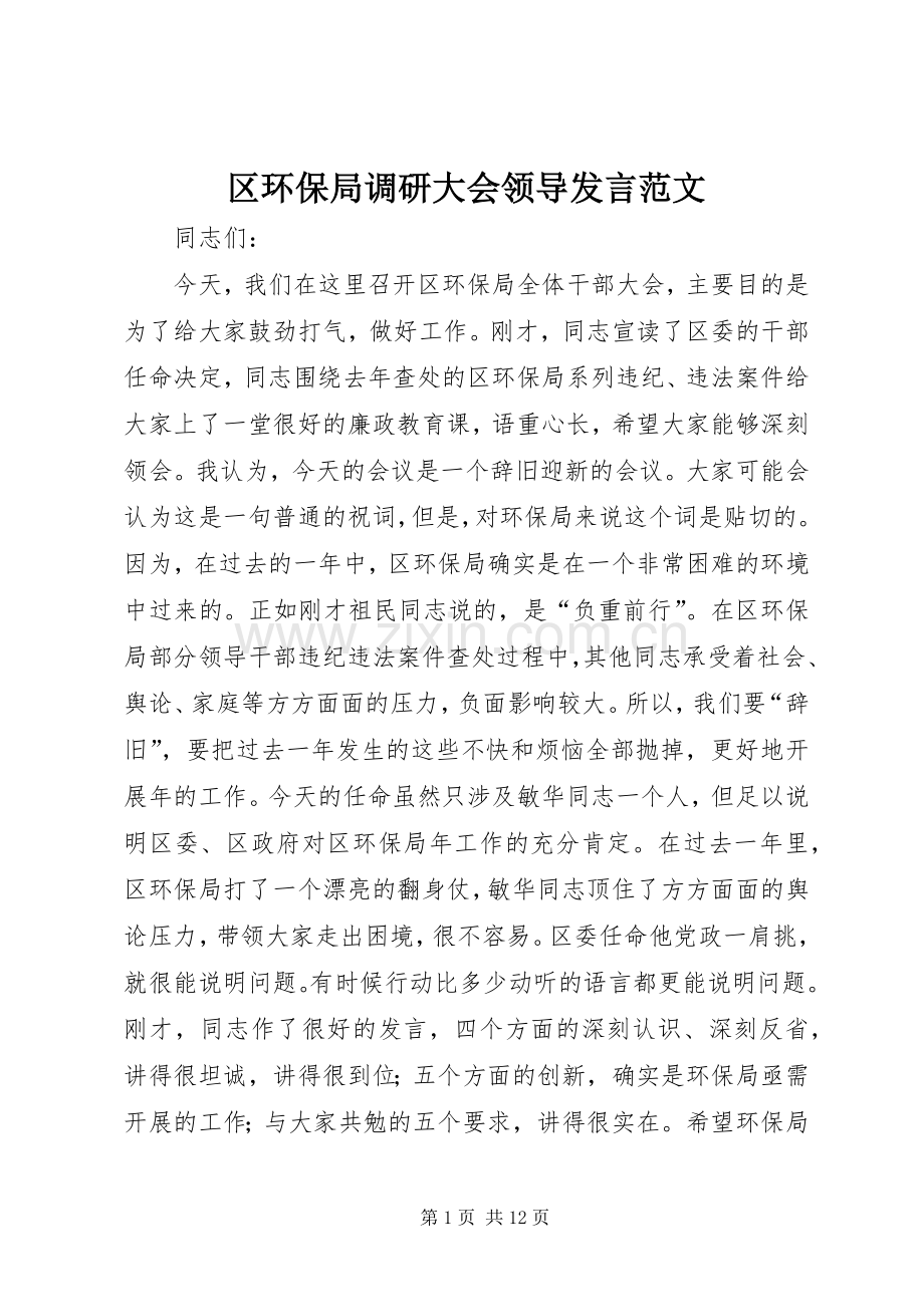 区环保局调研大会领导发言范文.docx_第1页