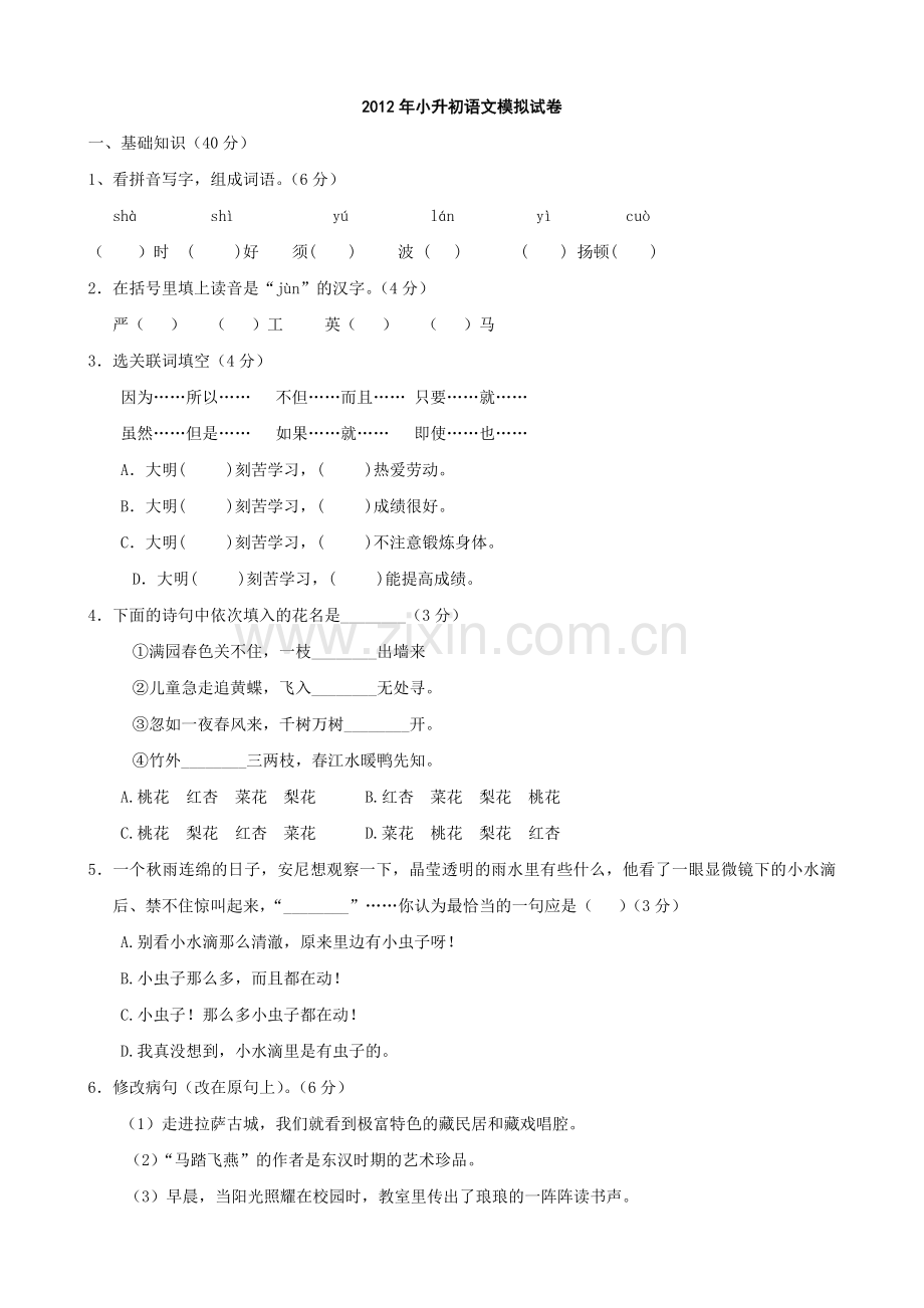 2017年小升初语文模拟试卷(语文).doc_第1页