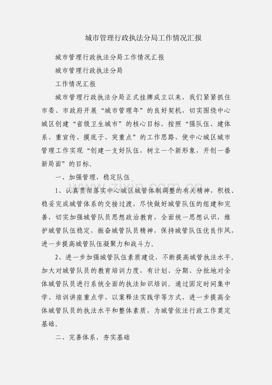 城市管理行政执法分局工作情况汇报.docx_第1页