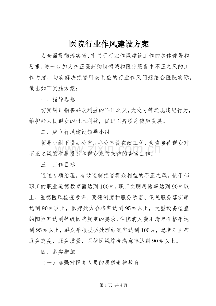 医院行业作风建设实施方案.docx_第1页