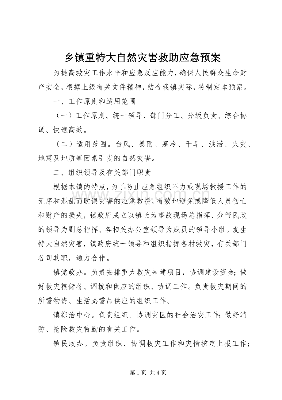 乡镇重特大自然灾害救助应急处置预案.docx_第1页