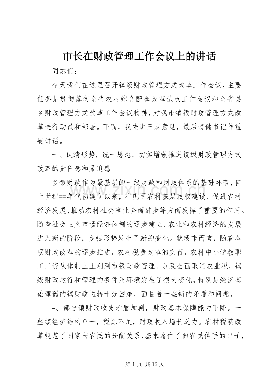 市长在财政管理工作会议上的讲话.docx_第1页