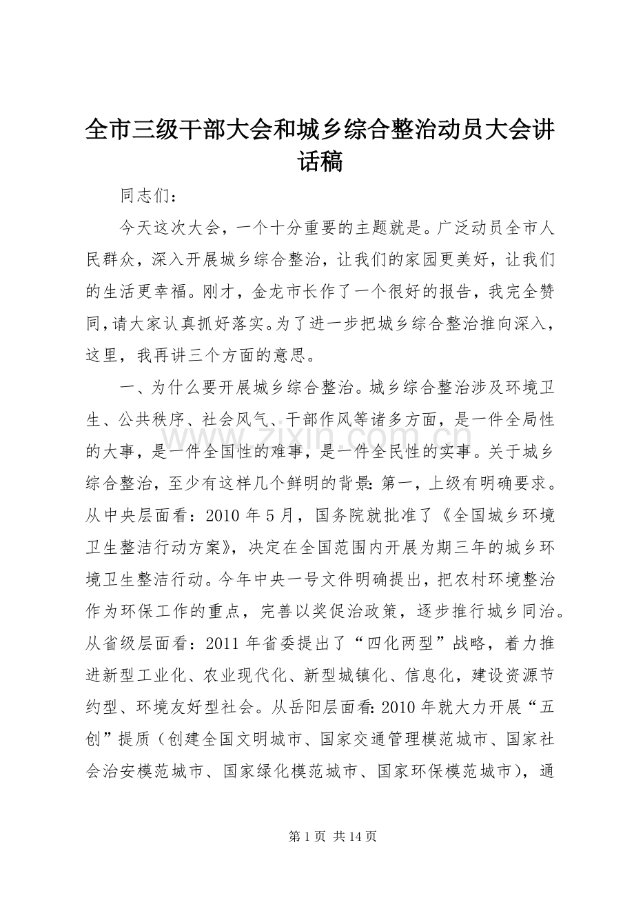 全市三级干部大会和城乡综合整治动员大会讲话稿.docx_第1页