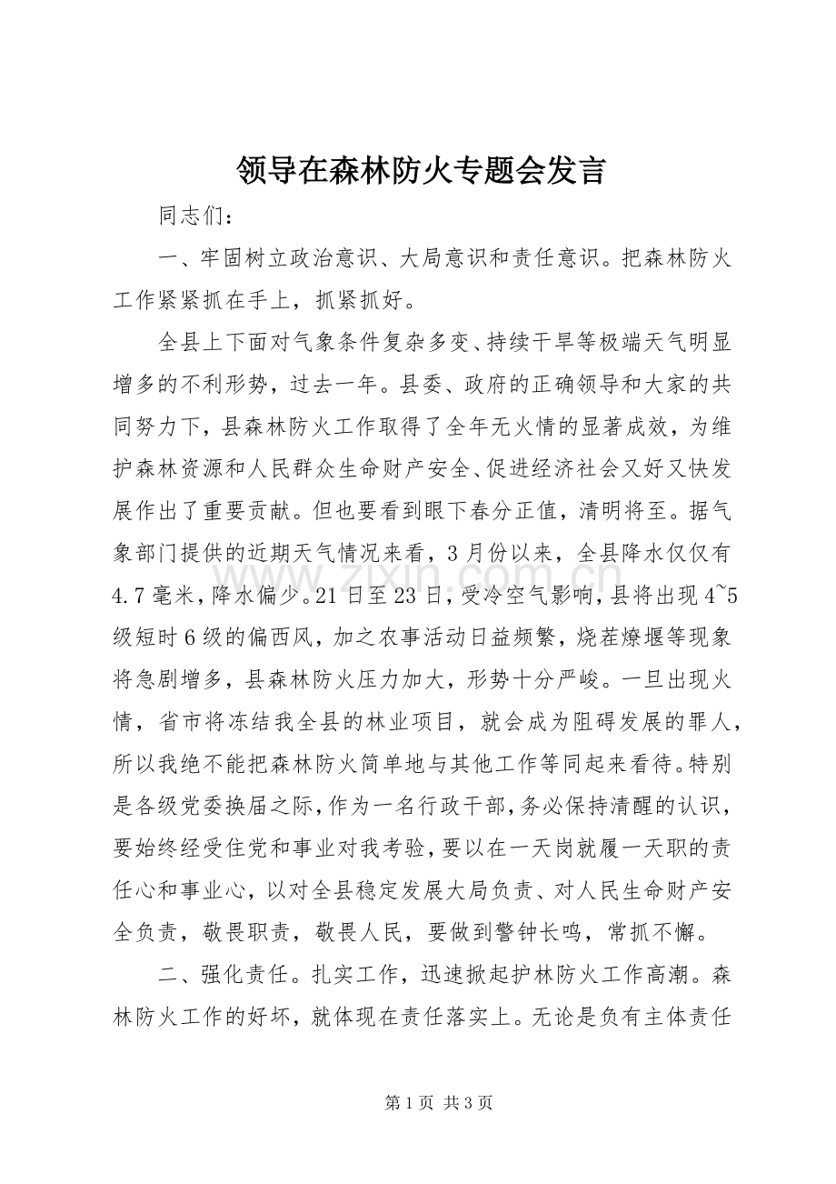 领导在森林防火专题会发言.docx_第1页