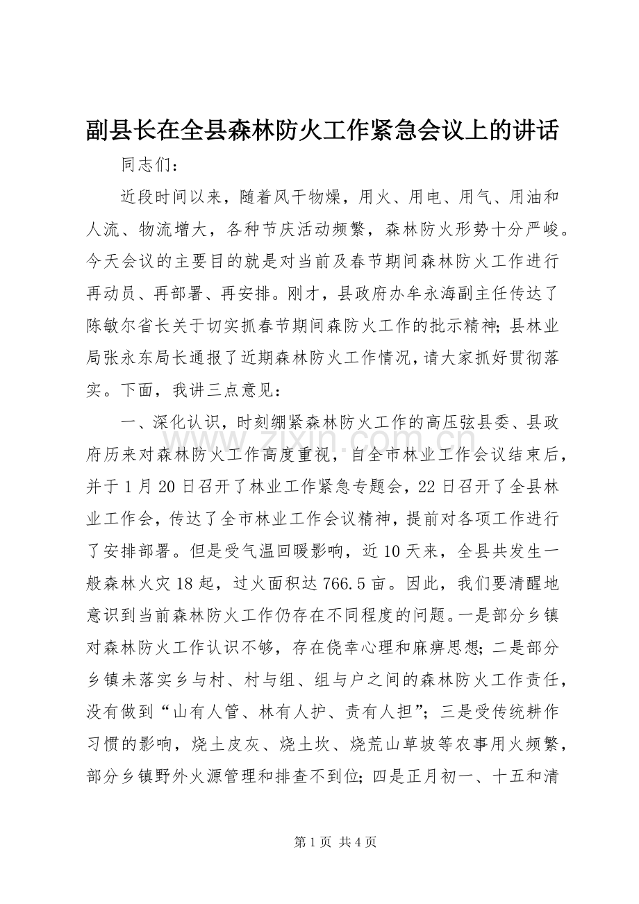 副县长在全县森林防火工作紧急会议上的讲话.docx_第1页