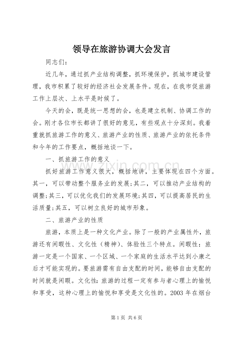 领导在旅游协调大会发言稿.docx_第1页