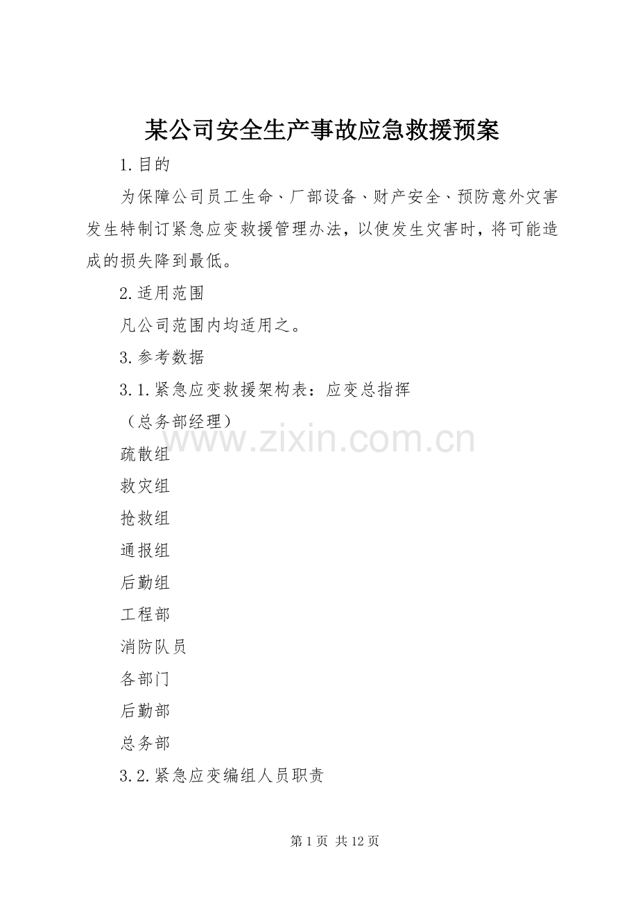 某公司安全生产事故应急救援预案.docx_第1页