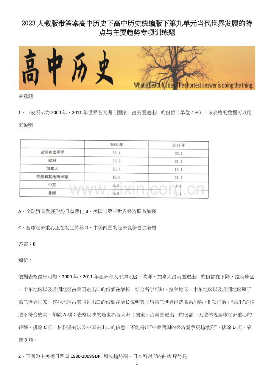 2023人教版带答案高中历史下高中历史统编版下第九单元当代世界发展的特点与主要趋势专项训练题.docx_第1页