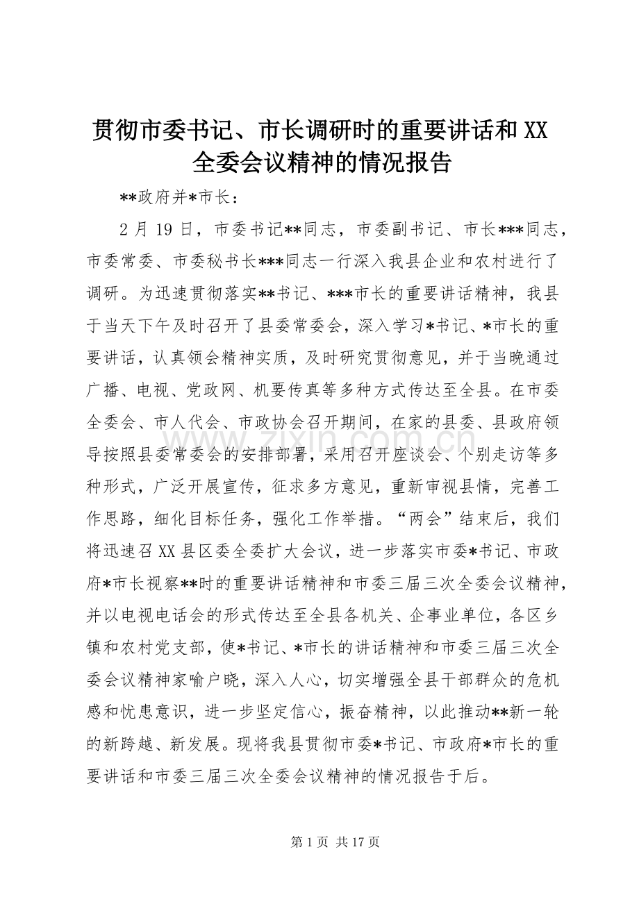 贯彻市委书记、市长调研时的重要讲话和XX全委会议精神的情况报告.docx_第1页