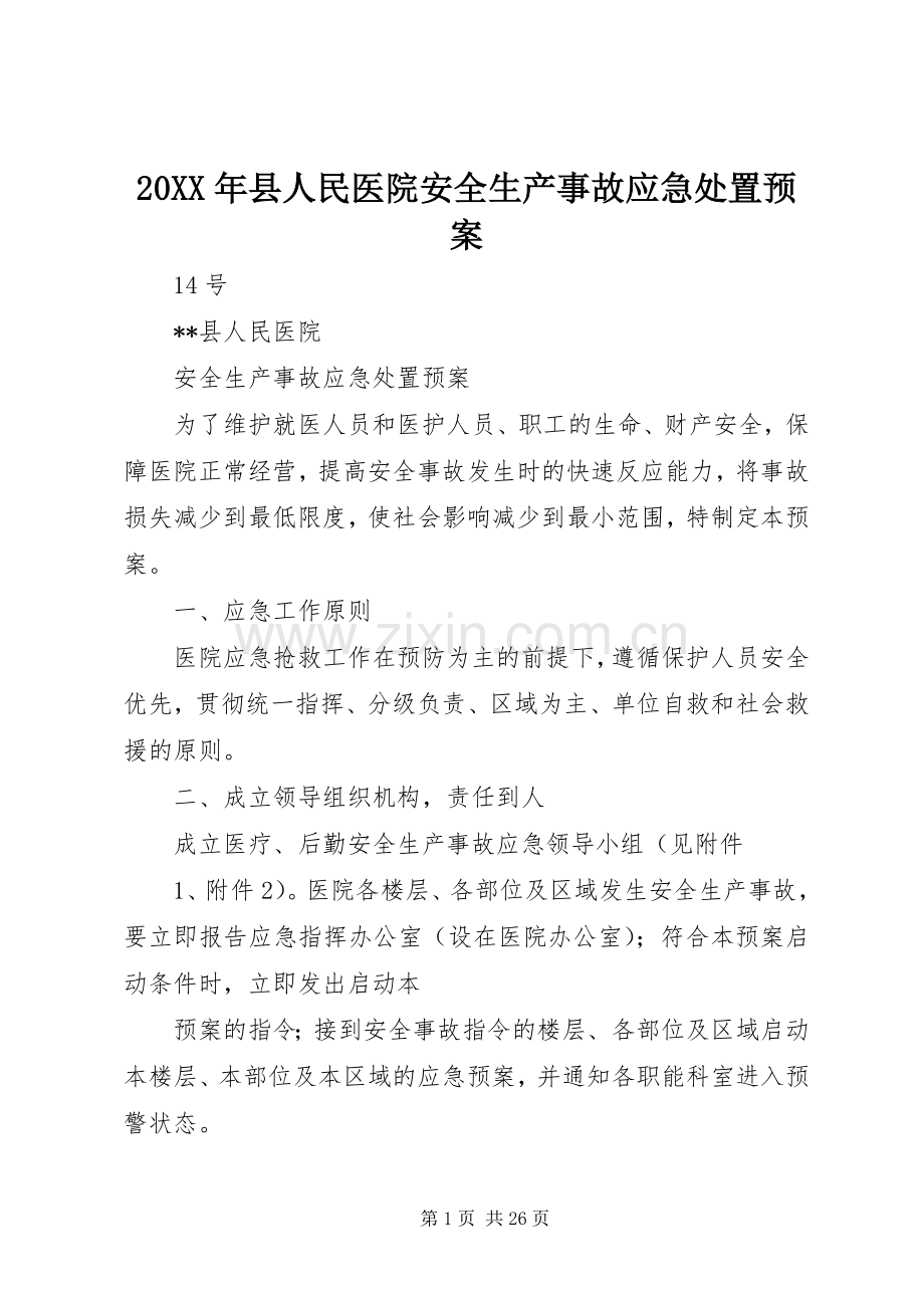 XX年县人民医院安全生产事故应急预案.docx_第1页