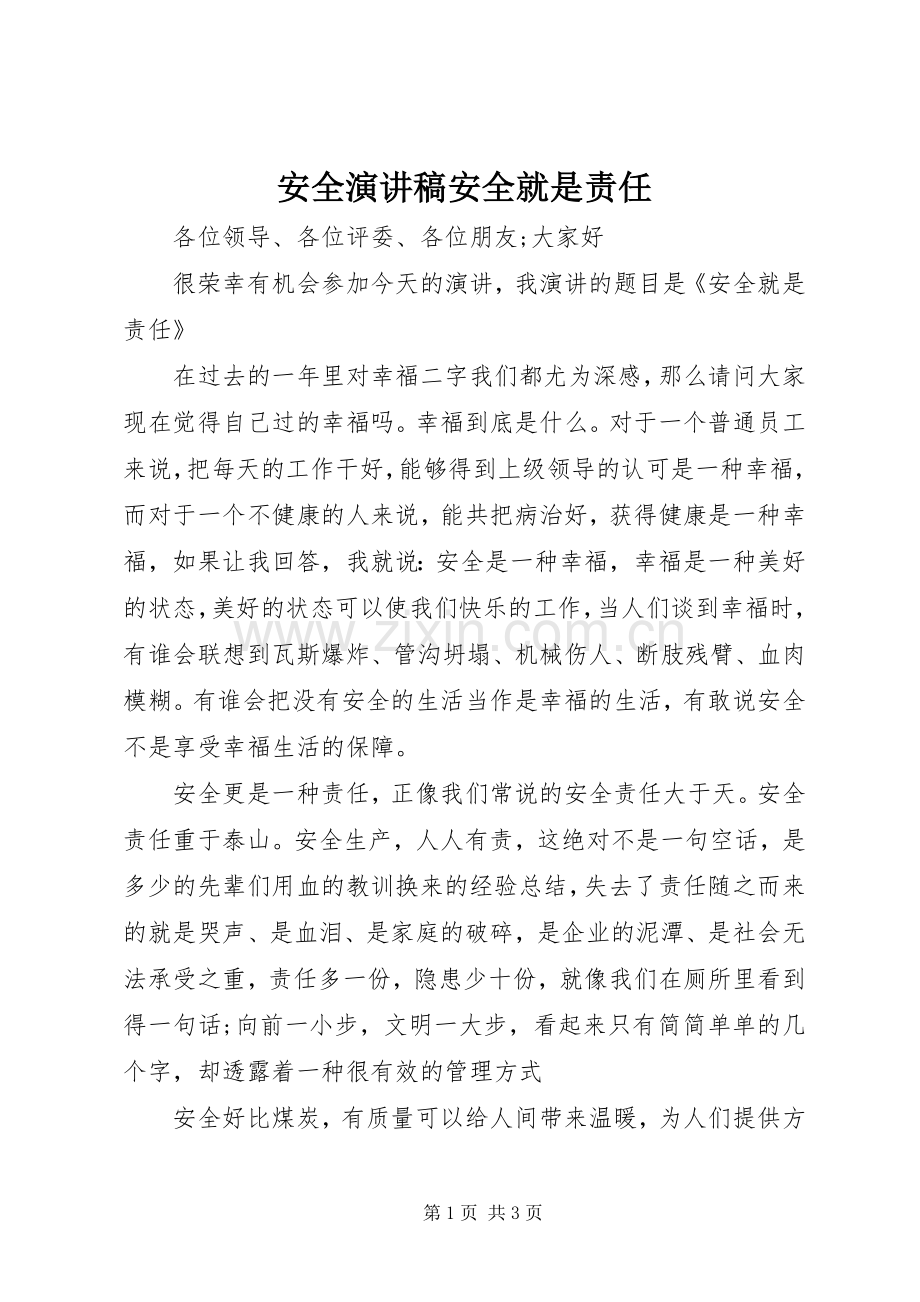 安全演讲稿安全就是责任.docx_第1页