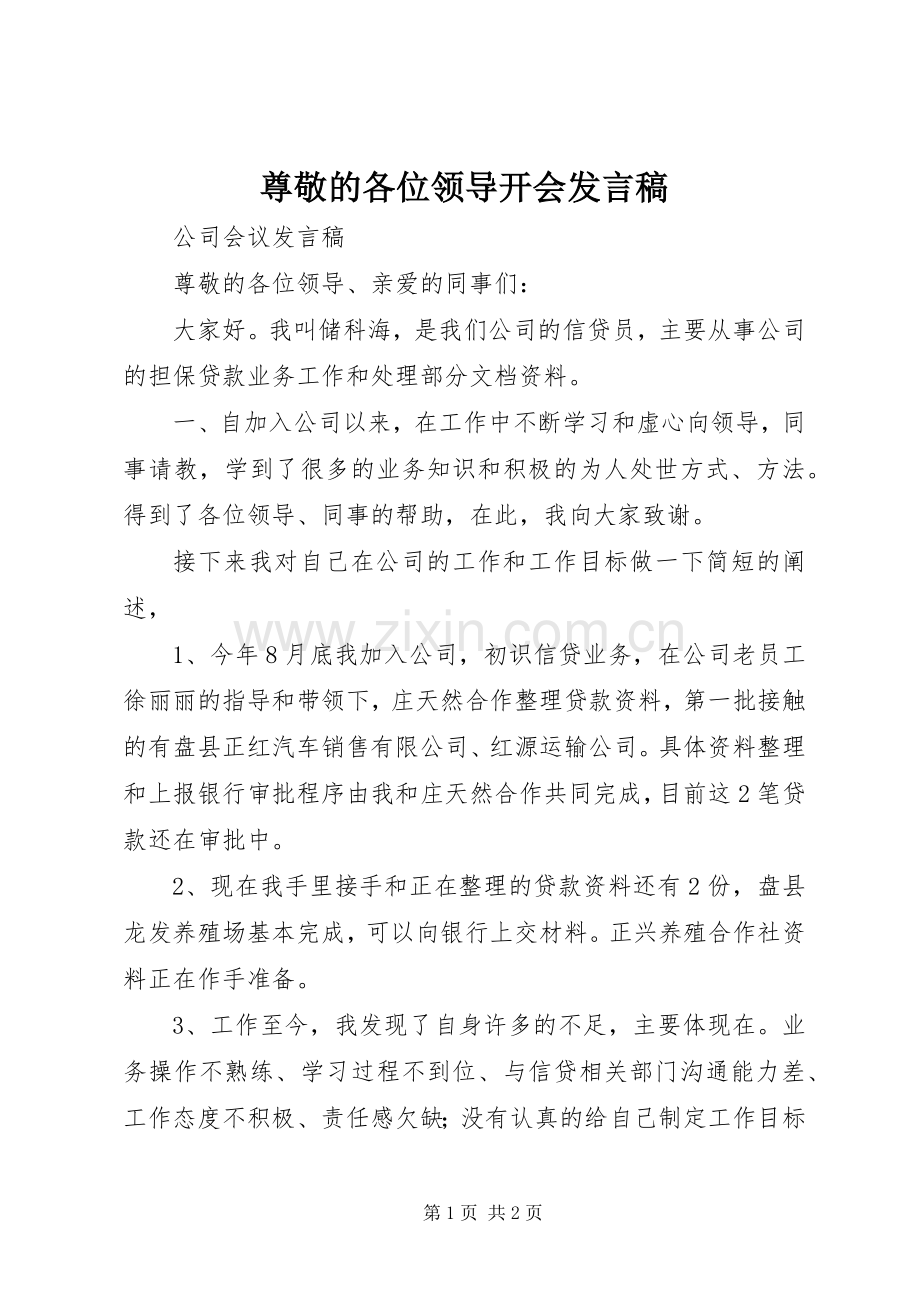 尊敬的各位领导开会发言稿.docx_第1页