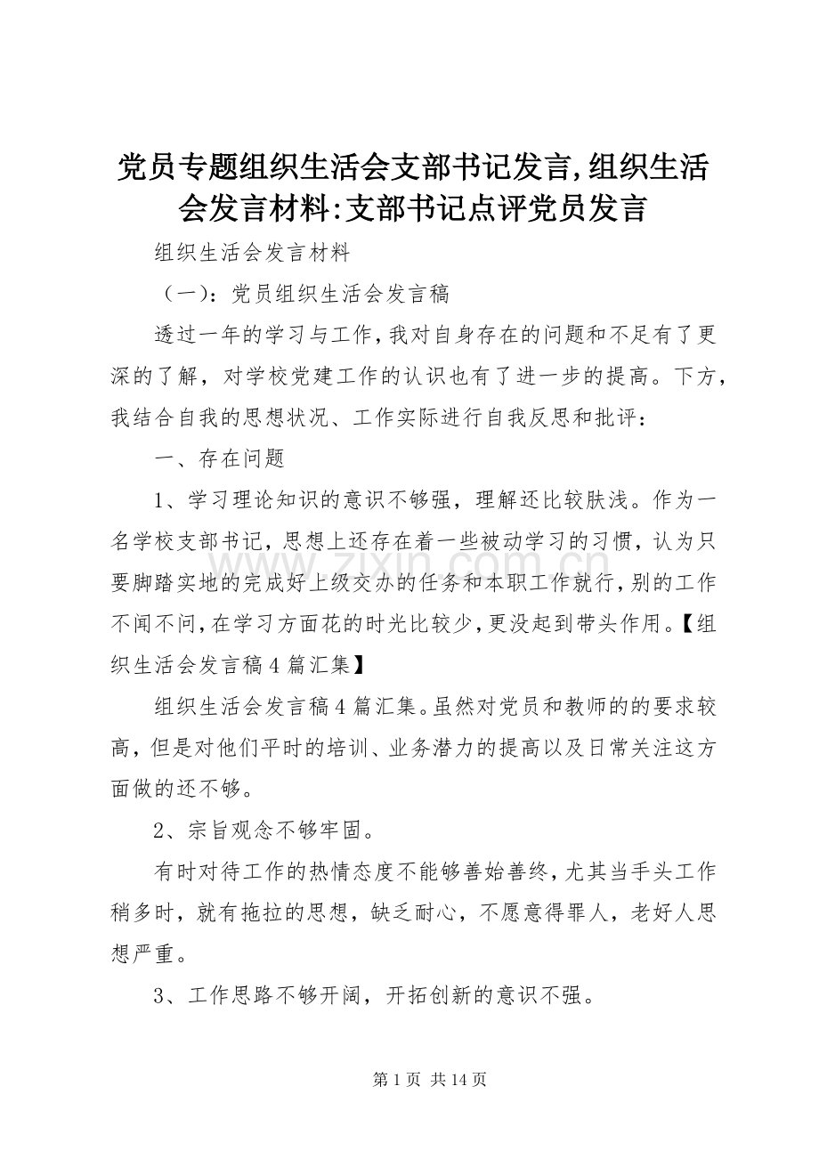 党员专题组织生活会支部书记发言,组织生活会发言材料-支部书记点评党员发言.docx_第1页