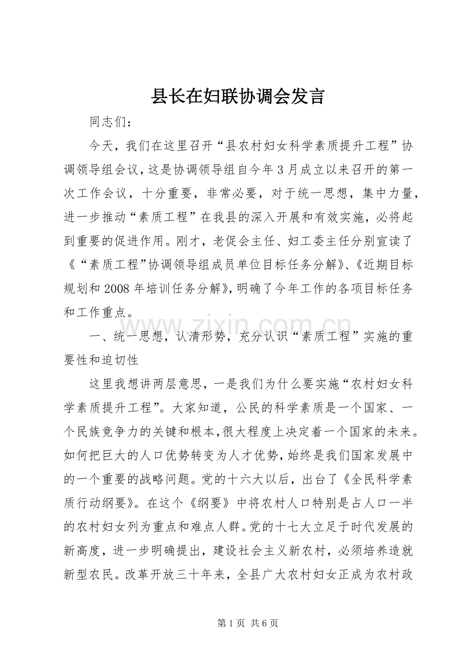 县长在妇联协调会发言稿.docx_第1页