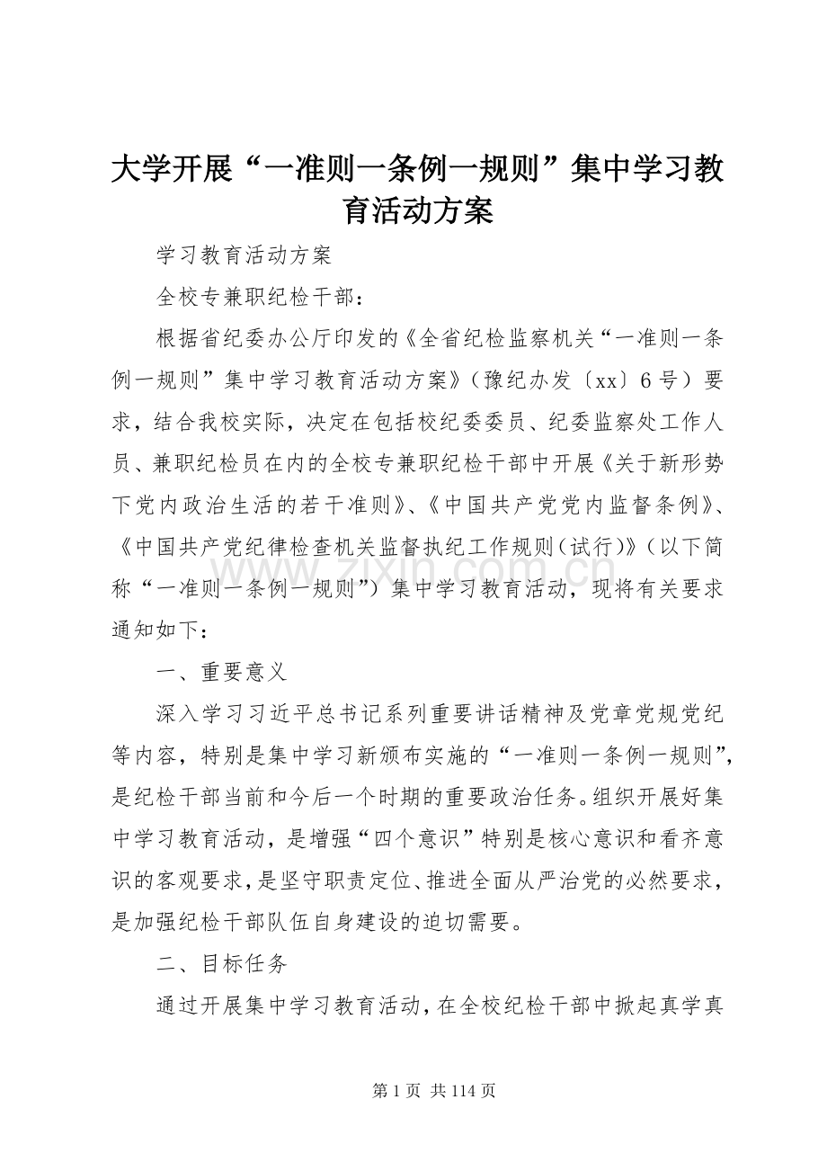 大学开展“一准则一条例一规则”集中学习教育活动实施方案.docx_第1页