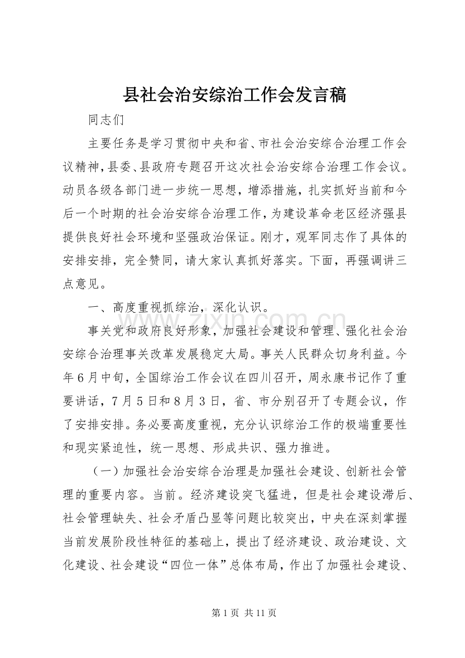 县社会治安综治工作会发言稿.docx_第1页